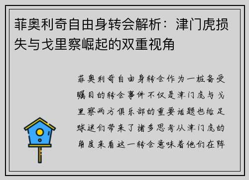 菲奥利奇自由身转会解析：津门虎损失与戈里察崛起的双重视角